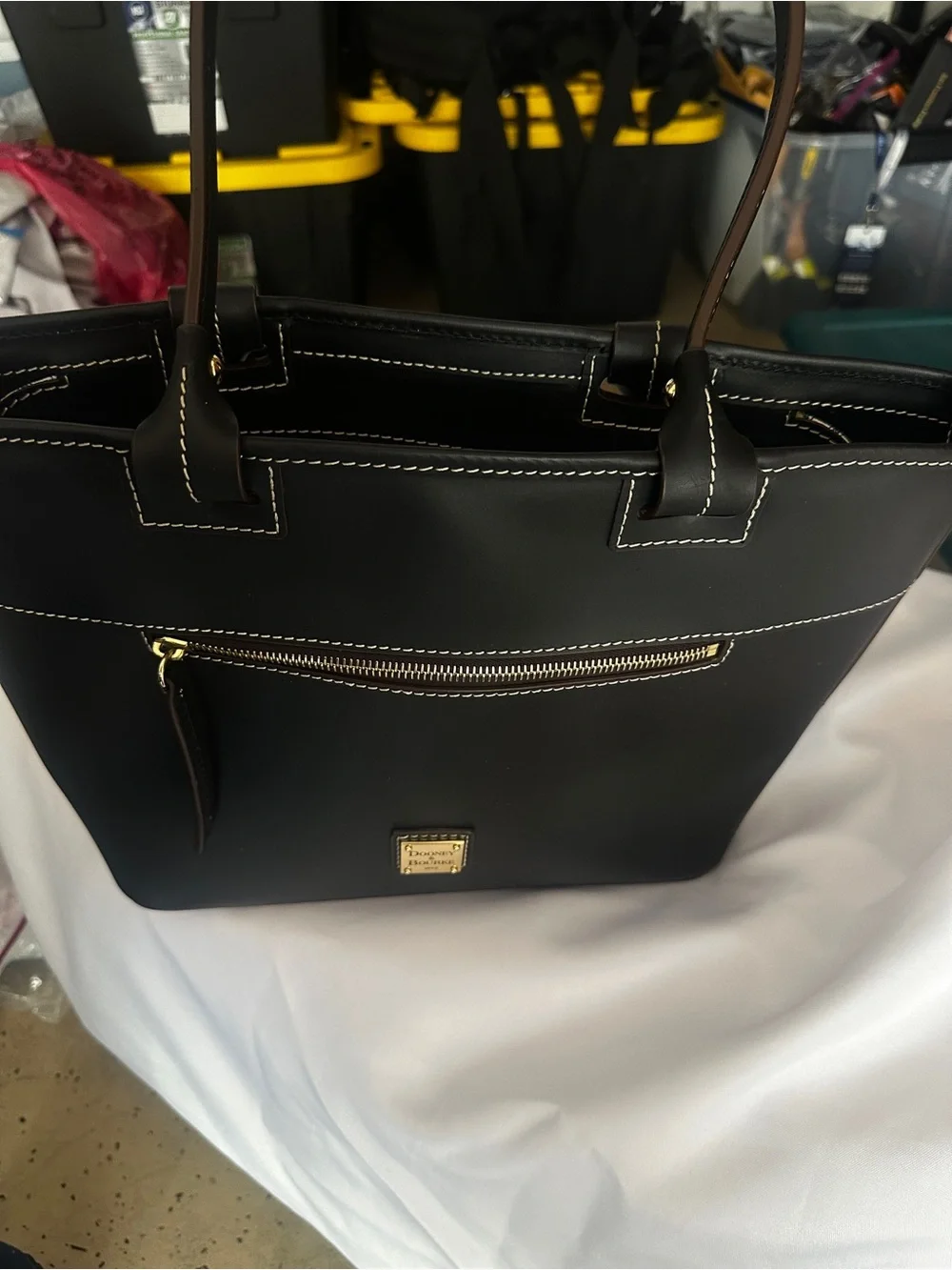 Dooney & Bourke Black Leather Tote Gold Hardware Contrast Stitching